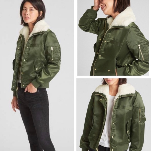 GAP Jackets & Blazers - NWT GAP Satin Faux-Fur Bomber Jacket Green